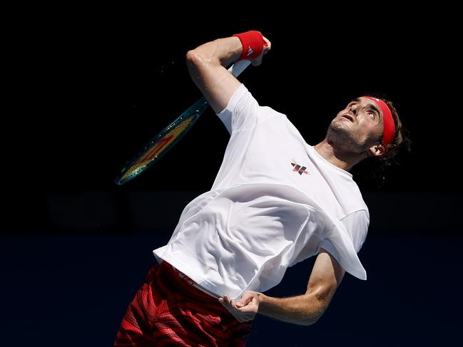 MELBOURNE, AUSTRALIA - JANUARY 11: Stefanos Tsitsipas of Greece serves during a practice session ahead of the 2025 Australian Open at Melbourne Park on January 11, 2025 in Melbourne, Australia. (Photo by Daniel Pockett/Getty Images)