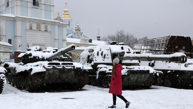 People view destroyed Russian vehicles and tanks in Mykhailivs'ka Square in Kyiv, Ukraine. Picture: Getty Images.