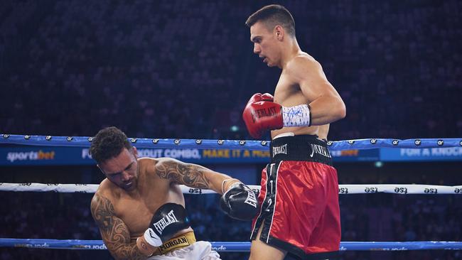 Tim Tszyu knocks down Bowyn Morgan in the first round. Picture: Getty Images