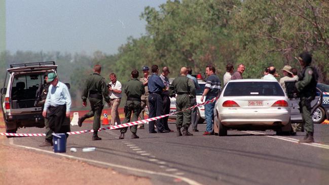 Scene from the killing of Sergeant Glen Huitson, who was gunned down by Rod Ansell in 1999. Picture: File