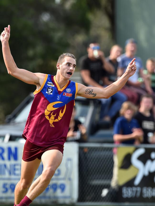 Jarrod Buchan celebrates slotting a goal for Tyabb. Picture: Derrick den Hollander