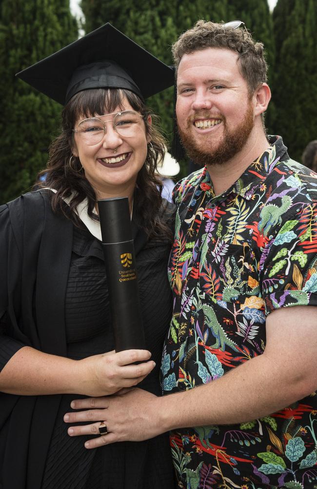 Bachelor of Creative Arts (Honours) graduate Aurora Elwell with husband Corey Kropp at a UniSQ graduation ceremony at Empire Theatres, Wednesday, February 14, 2024. Picture: Kevin Farmer