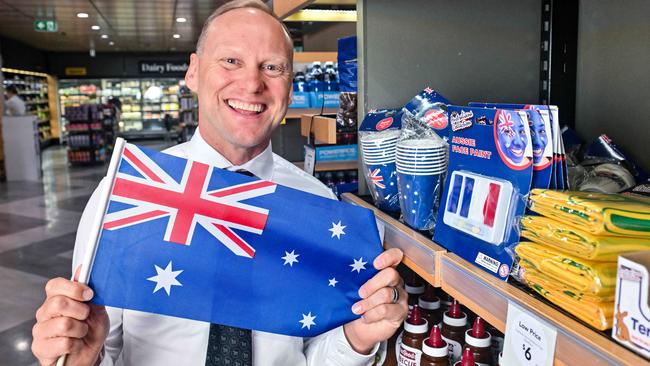 SA supermarket chain boss John-Paul Drake with an Australia Day flag in his Wayville Drakes store. Picture: Brenton Edwards