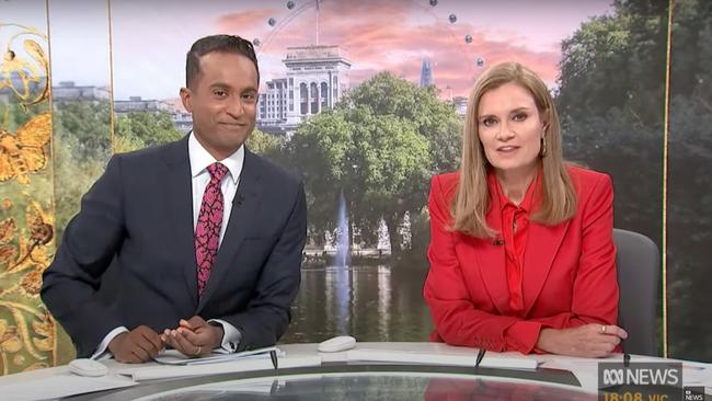 ABC presenters Jeremy Fernandez and Julia Baird during the King's coronation coverage. While other networks reported the coronation as an important news event - Aunty decided Australians needed to be ‘educated’. Picture: ABC,