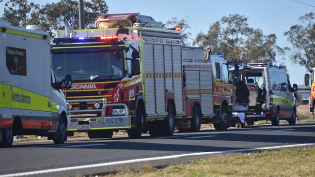 Emergency services rushed to a car and truck collision along the Warrego Highway in Bowenville on June 18. Picture: Sam Turner