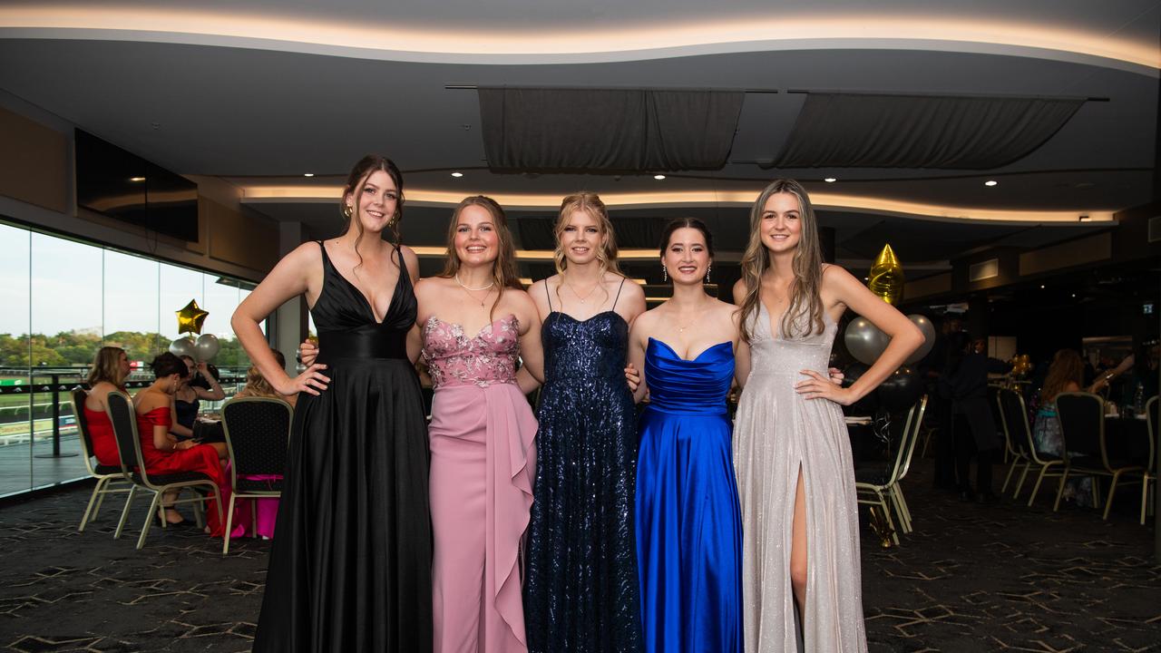 Hayley Simpson, Isobella Carson, Mackenzie Farrell, Amy Sparks and Isabelle Brown at the Taminmin College Year 12 School formal at Darwin Turf Club, 2024. Picture: Pema Tamang Pakhrin