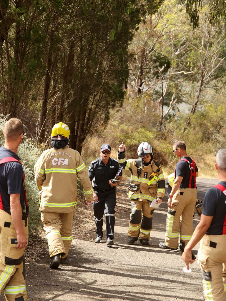 Emergency services try to extract a patient from steep terrain beside the riverbank in Highton. Picture: Alison Wynd