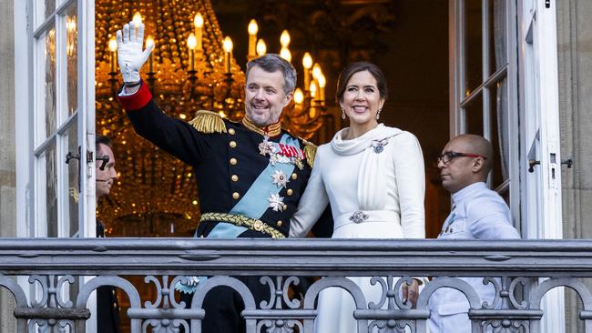 King Frederik X with Queen Mary enters the balcony on Amalienborg Castle after his proclamation. Picture: Getty Images