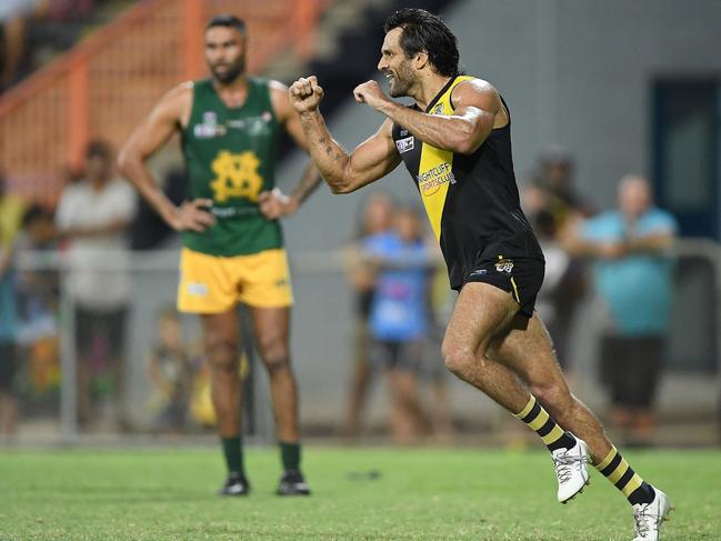 Shaun Wilson was all smiles after kicking a goal for Nightcliff against St Mary’s in the 2020-21 NTFL Grand Final. Picture: Felicity Elliott/AFLNT Media