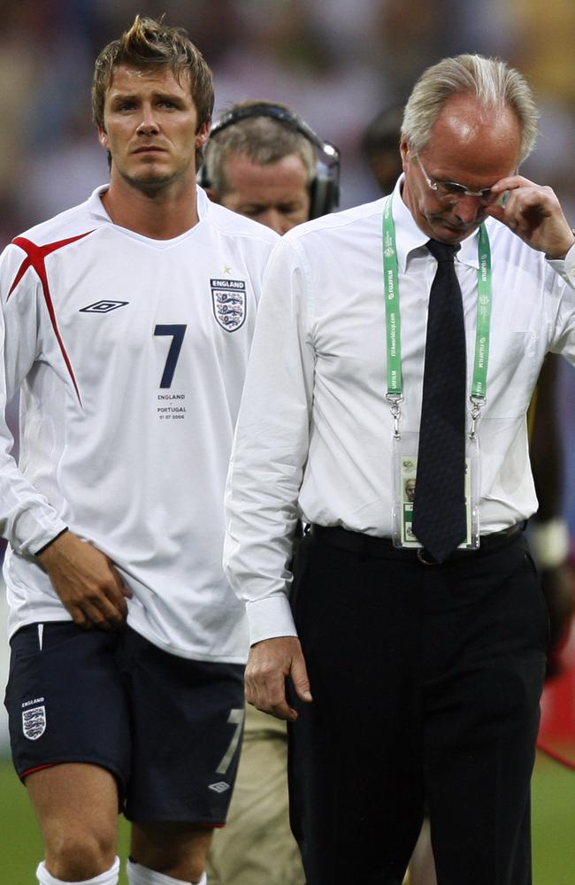 English midfielder David Beckham (L) and Swedish head coach of the English team Sven-Goran Eriksson at the end of the World Cup 2006 quarterfinal. Picture: AFP Photo