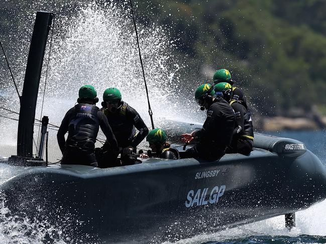 SYDNEY, AUSTRALIA - FEBRUARY 16: Australia SailGP Team trains during a practice session ahead of SailGP Australia at Sydney Harbour on February 16, 2023 in Sydney, Australia. (Photo by Cameron Spencer/Getty Images)