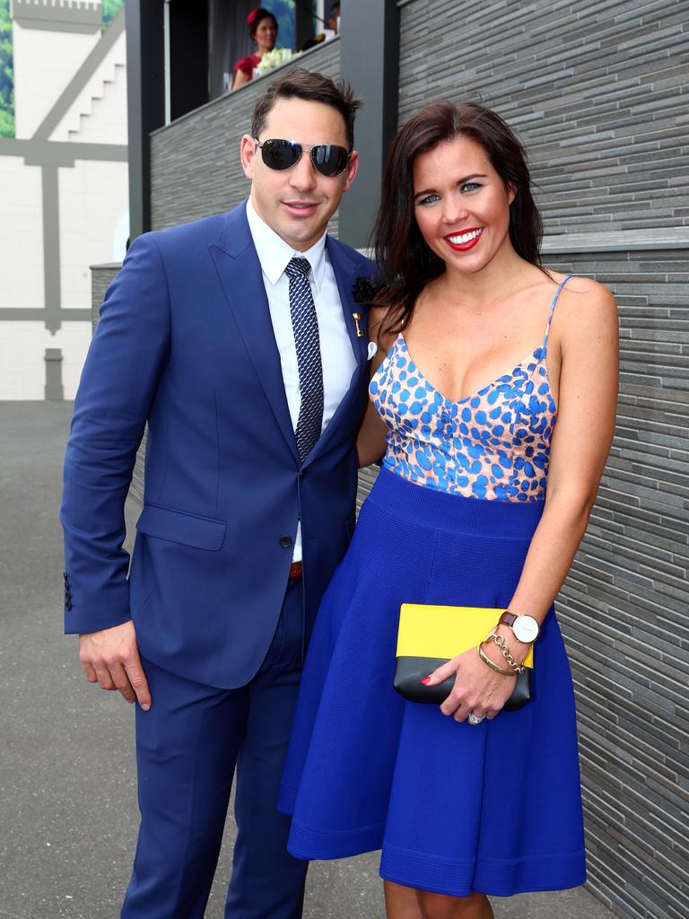 Billy and Nicole Slater in the Birdcage at Flemington Racecourse during the Melbourne Cup.