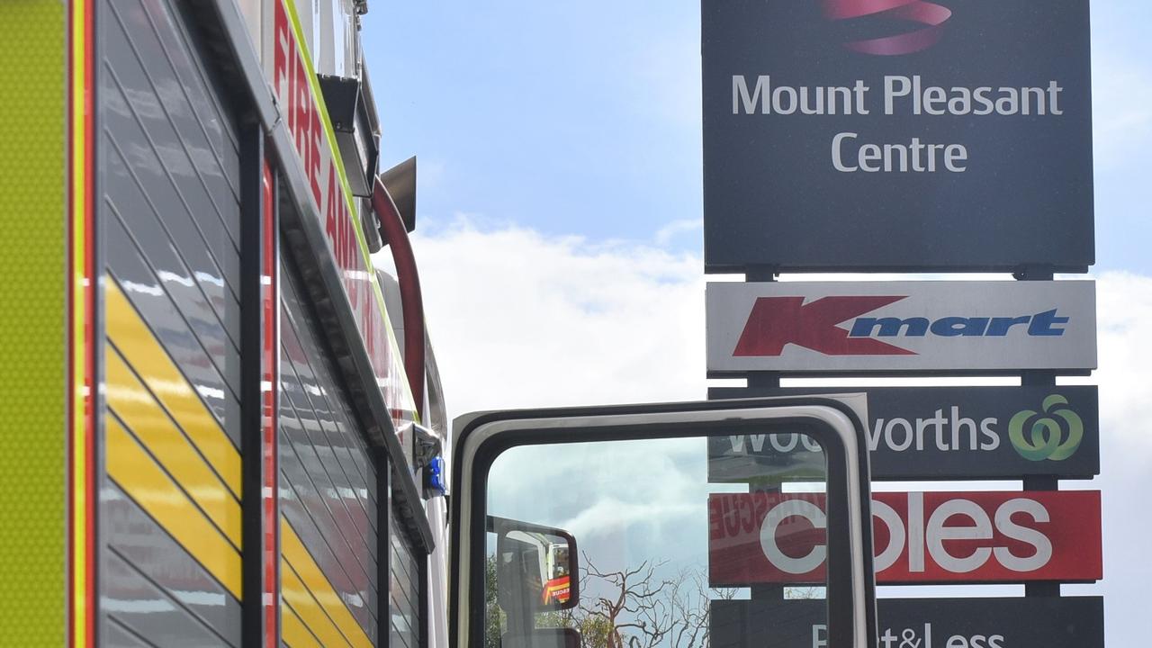 Emergency services responded to a bomb threat at Mt Pleasant Centre with customers and workers evacuated to the KFC car park. Picture: Lillian Watkins