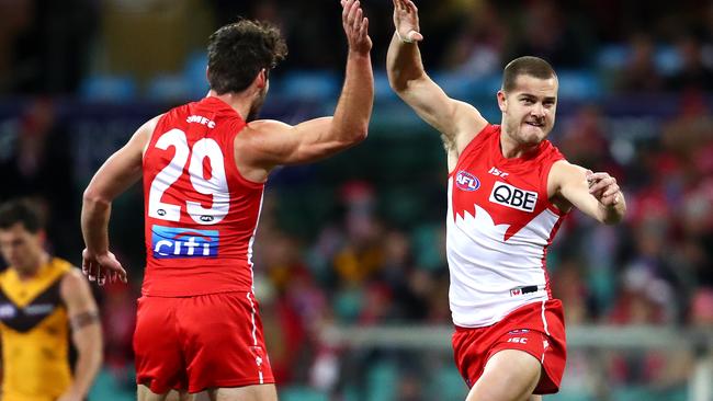 Tom Papley jumps for joy after kicking a goal for Sydney this year. Picture: Cameron Spencer/AFL Photos/via Getty Images.