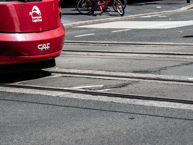 Damage along the tram line at the intersection on Pitt Street and Hay St last week. Picture: Monique Harmer