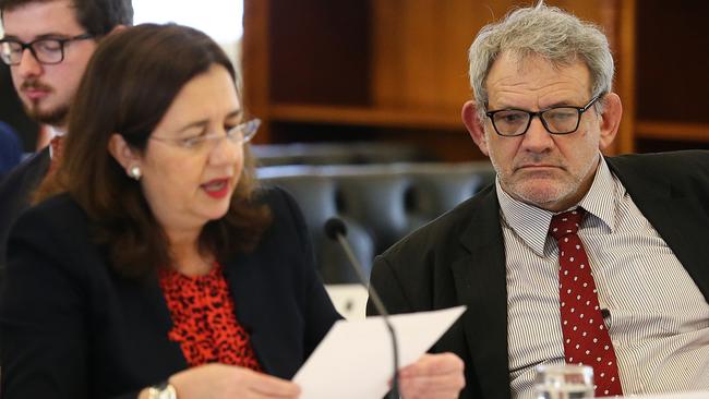 Chief of staff David Barbagallo looks on as Queensland Premier Annastacia Palaszczuk speaks during estimate hearings. Picture: Jono Searle/AAP