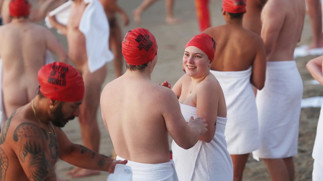 Nude Solstice swim as part of Dark Mofo 2021 at Long Beach Sandy Bay. Picture: Nikki Davis-Jones