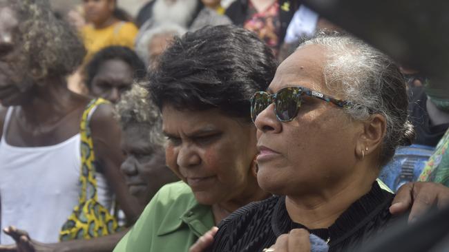 Mr Costa’s wife Ebony (right) and close friend MP Marion Scrymgour were supported by hundreds of Territorians at St Mary's Cathedral on Wednesday. Picture: Sierra Haigh