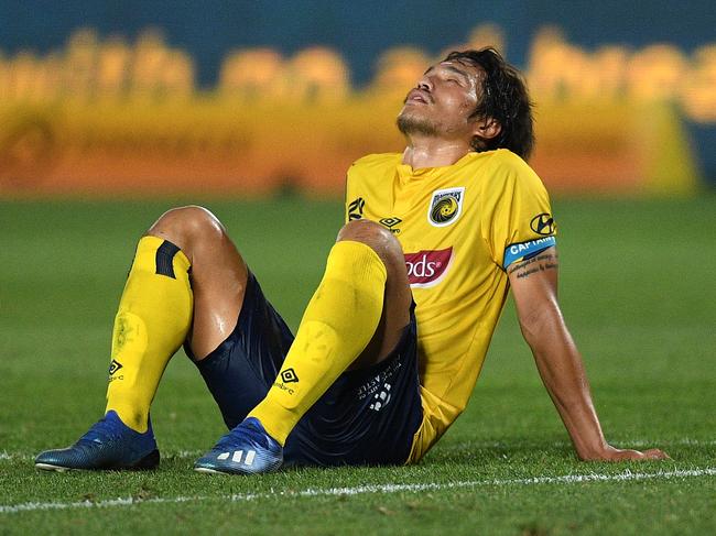 Eunsun Kim of the Mariners reacts following his teamtakes a shot at goal loss in the Round 24 A-League match between Central Coast Mariners and Melbourne City at Central Coast Stadium in Gosford, Friday, March 20, 2020. (AAP Image/Dan Himbrechts) NO ARCHIVING, EDITORIAL USE ONLY