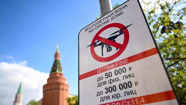 A "No Drone Zone" sign sits just off the Kremlin in central Moscow as it prohibits unmanned aerial vehicles (drones) flying over the area.