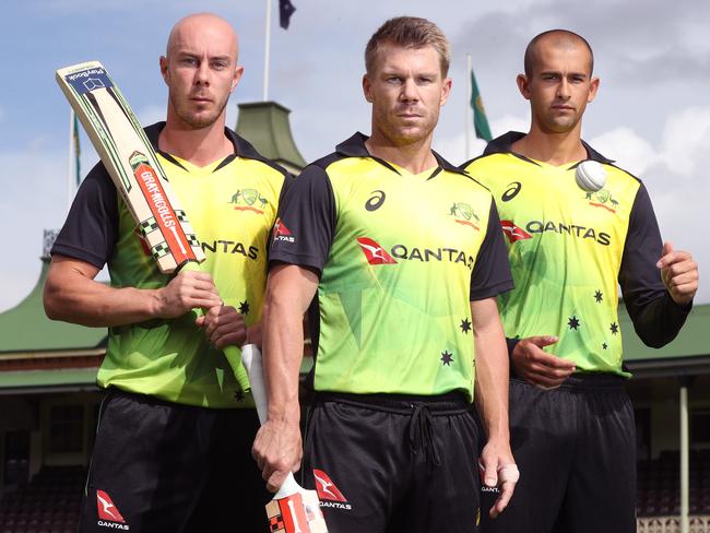 Chris Lynn, Dave Warner and Ashton Agar ahead of the T20s. Picture: David Swift