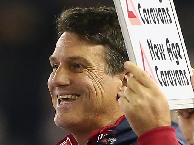 MELBOURNE, AUSTRALIA - JUNE 14: Demons coach Paul Roos speaks to his players at the break during the round 11 AFL match between the St Kilda Saints and the Melbourne Demons at Etihad Stadium on June 14, 2015 in Melbourne, Australia. (Photo by Robert Cianflone/Getty Images)