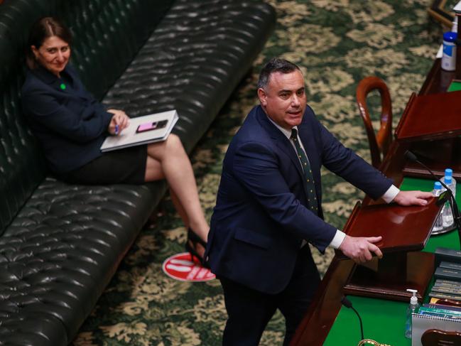 NSW Premier Gladys Berejiklian and John Barilaro, Deputy Premier of New South Wales, during Question Time in the NSW Parliament, today.Picture:Justin Lloyd.