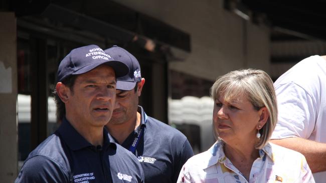 School attendance officers Cory and Jono Schwalger talk with Education and Training minister Jo Hersey. Three School Attendance Officers have been deployed to the Katherine High School to help end the schoolyard bashings Picture: Gera Kazakov