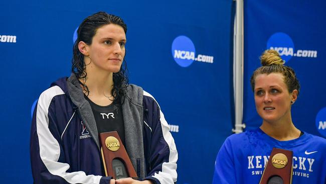 Transgender swimmer Lia Thomas receives her award at the NCAA Swimming and Diving Championships last year. Picture: Rich von Biberstein/Icon Sportswire via Getty Images.