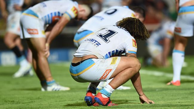 North Queensland Cowboys against Gold Coast Titans at 1300Smiles Stadium. Titan players react to Justin O'Neill's try. Picture: Evan Morgan