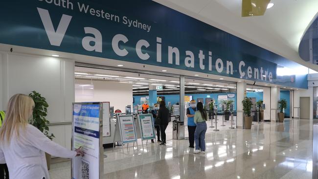 Queues were noticeably absent after a new mass vaccination centre opened at Macquarie Fields in Sydney’s southwest on Monday. Picture: Christian Gilles