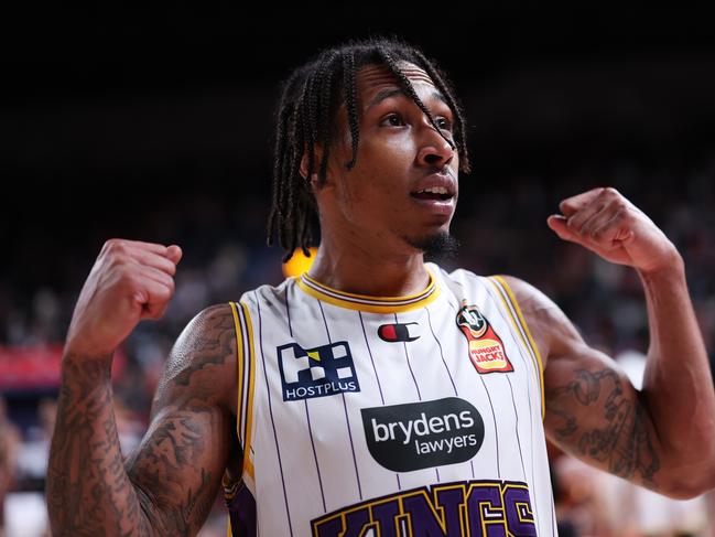 WOLLONGONG, AUSTRALIA - APRIL 29: Jaylen Adams of the Kings celebrates after winning game one of the NBL Semi Final series between the Illawarra Hawks and the Sydney Kings at WIN Entertainment Centre on April 29, 2022 in Wollongong, Australia. (Photo by Mark Metcalfe/Getty Images)