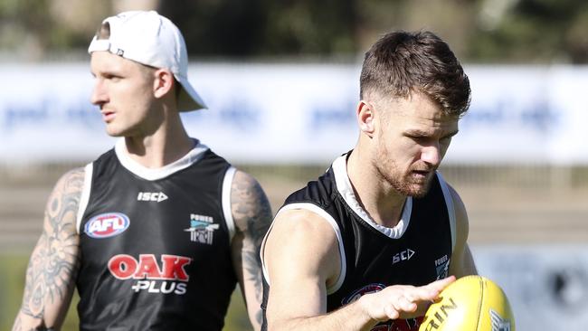 Port Adelaide training at Alberton Oval. Hamish Hartlett and Robbie Gray. Picture Sarah Reed