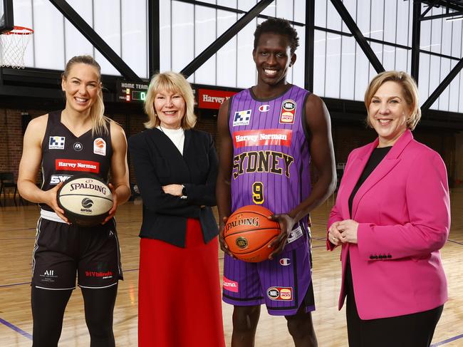 DAILY TELEGRAPH 20TH JULY 2023Pictured at Hoops Capital East at Moore Park in Sydney is Sydney Flames player Tess Madgen, Harvey Norman CEO Katie Page, Sydney Kings player Jackson Makoi and chair of Tesla, Inc. Robyn Denholm. Harvey Norman, AustraliaÃs leading home and lifestyle retailer, has entered into an extensivearrangement with Hoops Capital the owner of Sydney Kings and Sydney Flames, becoming the majorpartner of both basketball teams.Picture: Richard Dobson