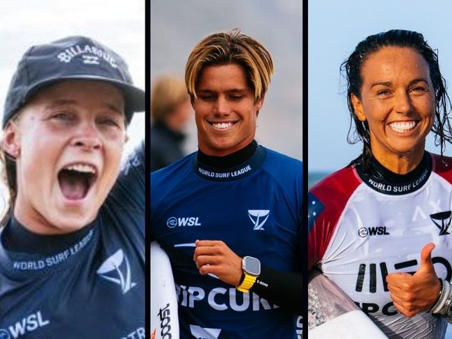 Professional surfers Isabella Nichols, Morgan Cibilic and Sally Fitzgibbons ahead of the 2023 WSL Challenger Series. Photo: supplied.