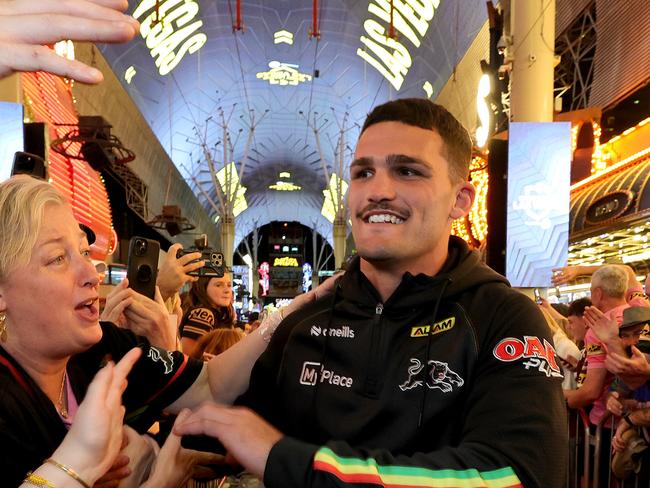 LAS VEGAS, NEVADA - FEBRUARY 27: Nathan Cleary of the Panthers greets fans at the NRL fan event at the Fremont Street Experience on February 27, 2025 in Las Vegas, Nevada. (Photo by Ethan Miller/Getty Images)