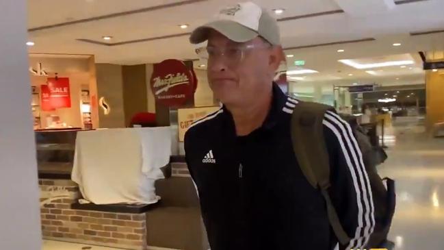 Oscar winning American actor Tom Hanks is pictured as he emerges from quarantine in Queensland, visiting Pacific Fair shopping centre on the Gold Coast. Picture: 9News