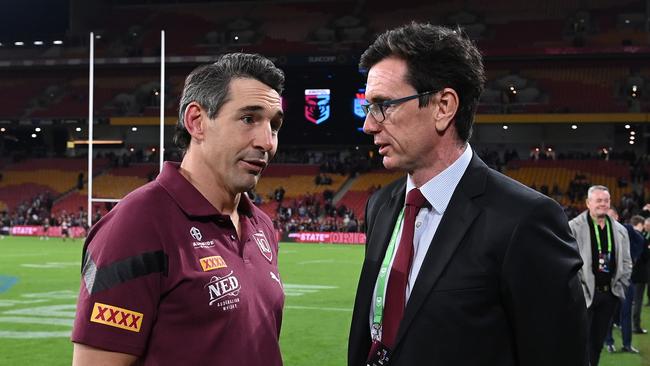 Billy Slater chats to Ben Ikin after a State of Origin match. Picture: Bradley Kanaris/Getty Images.