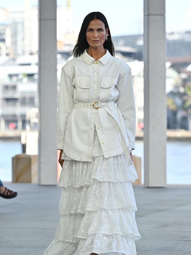 Tiered! A model walks the runway during the Aje show at Australian Fashion Week 2025 at Pier Pavilion Barangaroo on May 14, 2025 in Sydney, Australia. (Photo by James Gourley/Getty Images)
