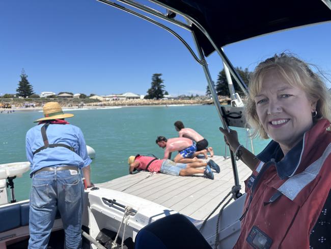 Robe council chief executive Nat Traeger in front of the town's swimming pontoon, which returned to Front Beach on Tuesday. Picture: Supplied