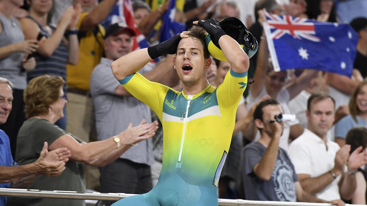 Sam Welsford of Australia reacts after winning the Men's 15km Scratch Race Final on day three of the track cycling competition at the XXI Commonwealth Games at the Anna Meares Velodrome in Brisbane, Australia, Saturday, April 7, 2018. (AAP Image/Dan Peled) NO ARCHIVING, EDITORIAL USE ONLY