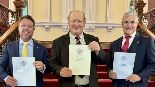 Katter's Australian Party members Nick Dametto, Shane Knuth and Robbie Katter with Mr Knuth's Crocodile Control and Conservation Bill 2025.