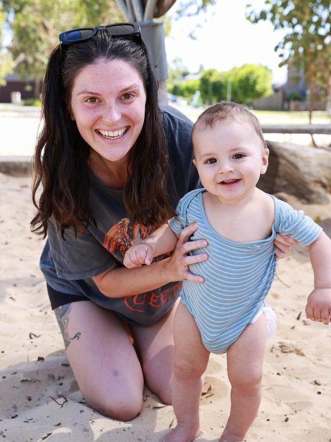 Mila Wakley with her son, Elliott, 7 months, at Willowdale Park. Picture: Justin Lloyd