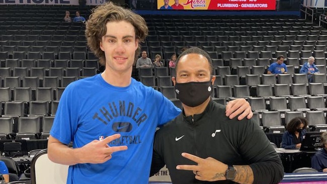 Boomers point guard Josh Giddey with team manager Junior Viranatuleo during his stint with the Utah Jazz following the 2021 Tokyo Olympics.