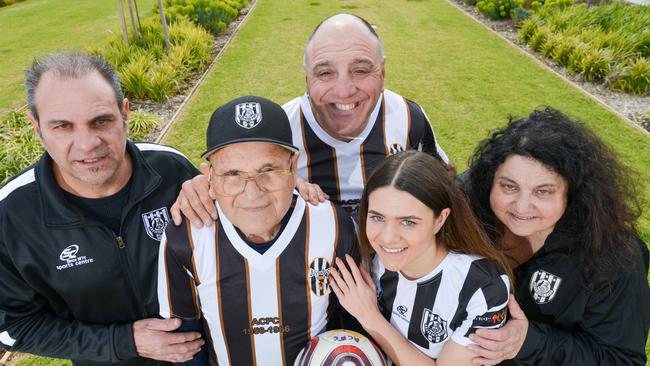 Four generations of Adelaide City/Juventus players from the Di Bartolo family — Anthony, Charlie, Ian, Daniela and Franca Di Bartolo, Tuesday, September 3, 2019. (Pic: AAP/Brenton Edwards)