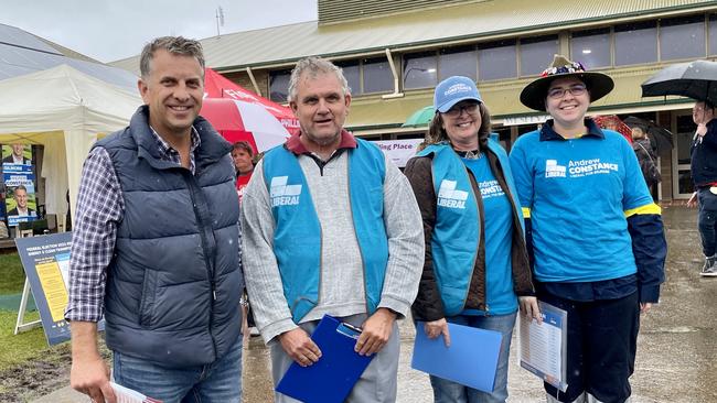 Gilmore Liberal candidate Andrew Constance at a pre-poll centre in Nowra with supporters Liam Molley, Sarah White and Elizabeth White. Picture: Dylan Arvela