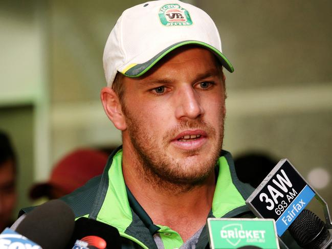 The Australian Cricket team arrive at Tullamarine Airport in Melbourne, March 27, 2015. Aaron Finch speaks to media. Picture: Mark Stewart