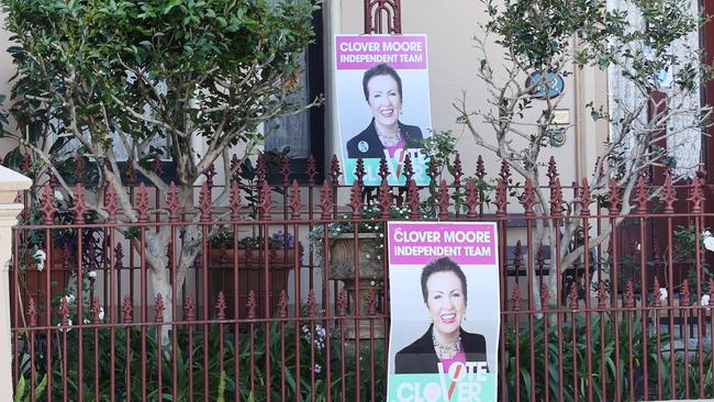 Ms Moore’s campaign posters were still displayed throughout the City of Sydney despite the edict. Picture: Richard Dobson