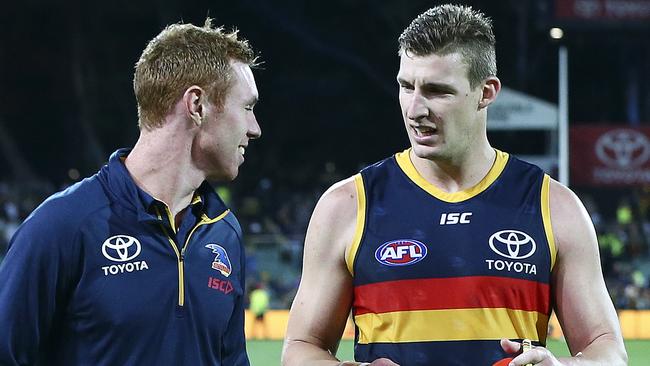 Recontracting Crows forward Tom Lynch, left, should be a priority for Adelaide - and should deliver Lynch more than an average AFL salary. Picture: Sarah Reed