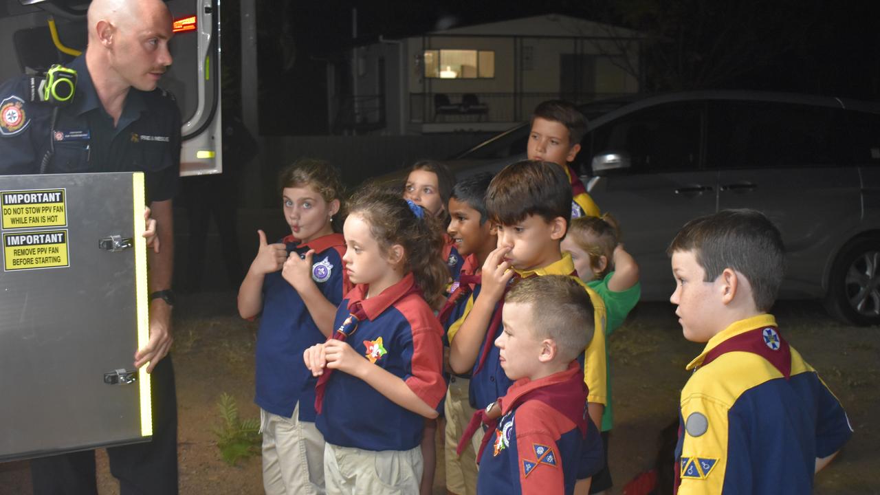 Rockhampton police officers and fire crews visited the Mount Archer Scout Group on Wednesday March 3, 2021. Photos: Vanessa Jarrett